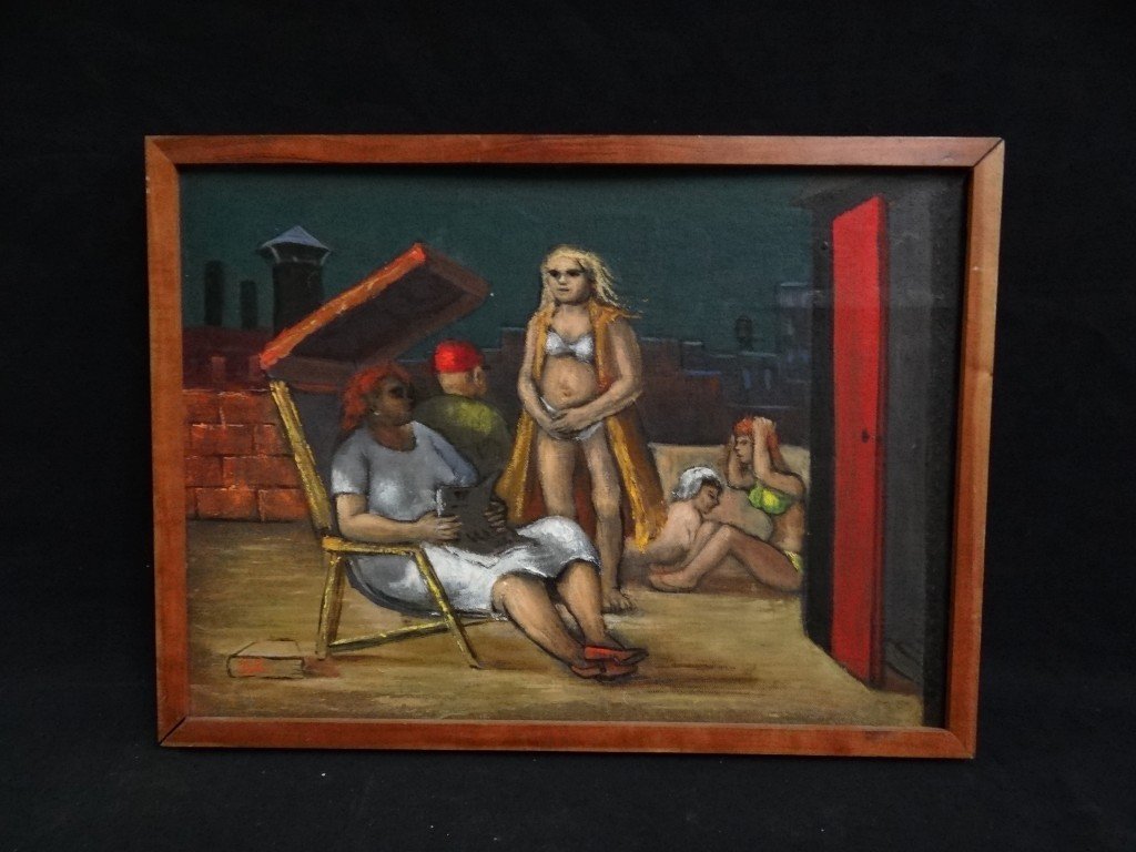 Albert Pels Oil Painting, Signed: Oil on canvas board. "On the Rooftop". Signed lower left. Gallery labels at the reverse. 13" x 18"