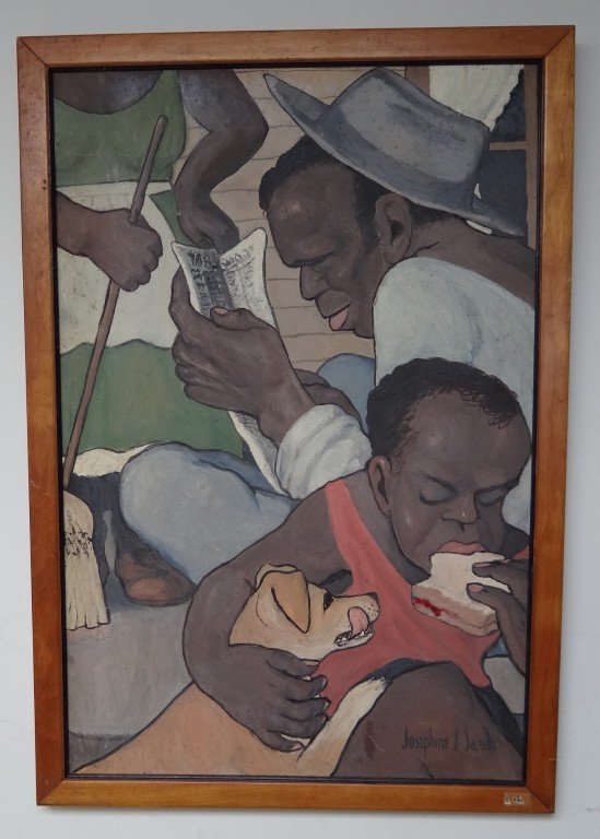 Josephine J. Sands; Amer. WPA oil painting signed: Josephine Jerome Sands(20th C. African Amer./WPA)Oil on board, Leisure Mornings signed l.r.; 21.75in. X 14.5in. Original exhibition labels on reverse. Exhibited: The Greenwich Society of Artists, West