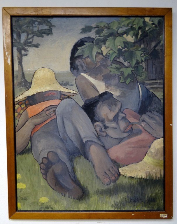 Josephine J. Sands; Amer. WPA oil painting signed: Josephine Jerome Sands(20th C. African Amer./WPA)Oil on board, Communion signed l.r.; 22in. X 17in. Original exhibition labels on reverse. Exhibited: The Greenwich Society of Artists, Westchester Arts