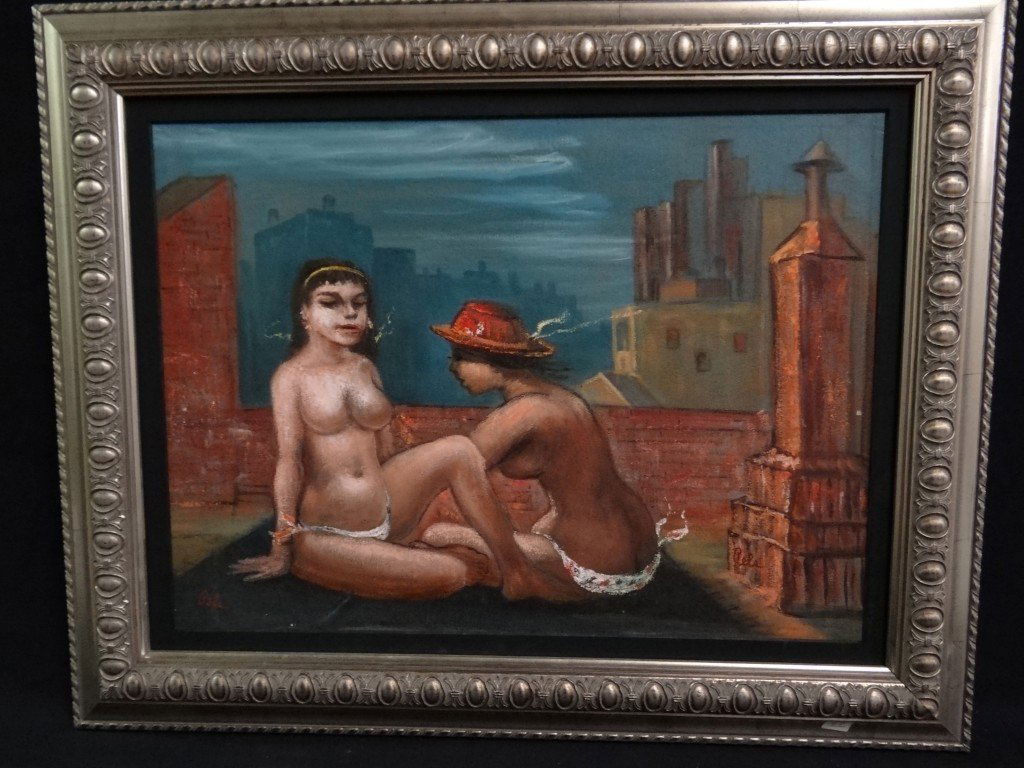 Albert Pels Oil Painting, Signed: Oil on board. Titled on verso "Sun Worshipers on Tar Beach, New York City. Signed Pels in two places, on the right and on the left. 18" x 24"W (work itself). Overall size 24" x 29 1/2"