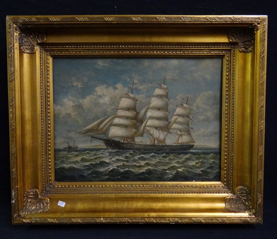 T. Hill; 20th C. oil painting signed: Oil on panel, a clipper ship at full sail signed l.r.; 12in. X 16in.