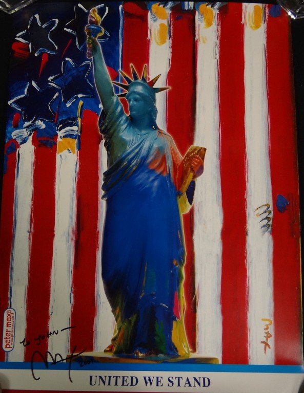 Peter Max; Original print United We Standsigned: Original print "United We Stand" 2001 publication. Signed and dedicated in felt pen "To John Max 2001. Unframed; 24in. X 18in.(sight size)