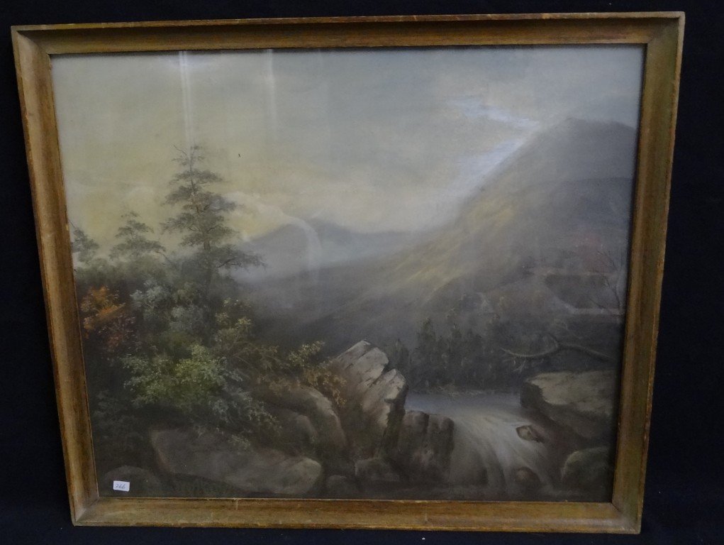 Thomas B. Pope(attributed to) pastel painting: Pastel on paper, Hudson River mountain view; 17.5in. X 20.5in.