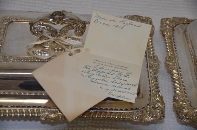Pair Old Sheffield Silver Plate Covered Entrée Dis: Circa 1810. With provenance from Marshal Field & Company Antique Silver Collection. Purchased at the Silver Vault Antique English Silver shop, Barrington, Illinois as a presentation gift to (and engra