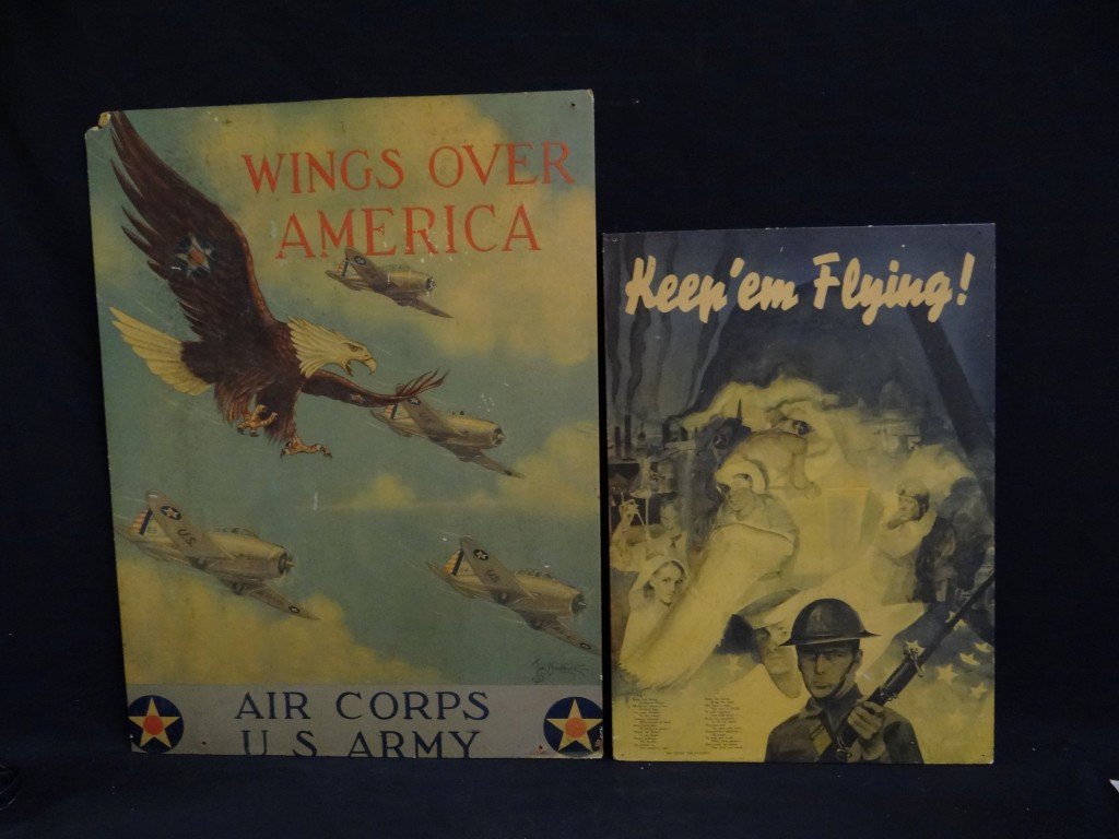 Lot of miscellaneous military items: Two(2) WWI and WWII military posters(mounted) 23.25in. X 16in. - 29in. X22in.; flight jacket