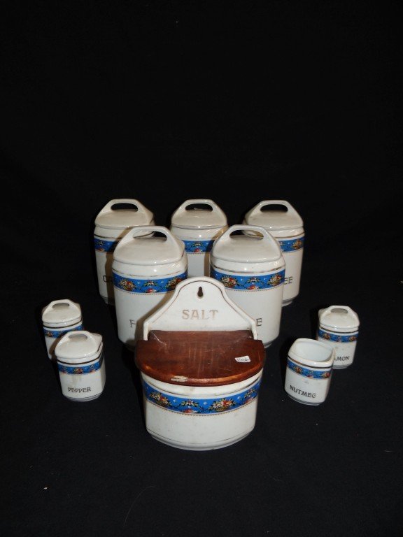 Czechoslavakian Cannister Set: Ten pc. Set for staples and spices, names visible in the photograph. Marked with a crown and a W and Czechoslavakia Missing one small lid. . 4" TO 8"