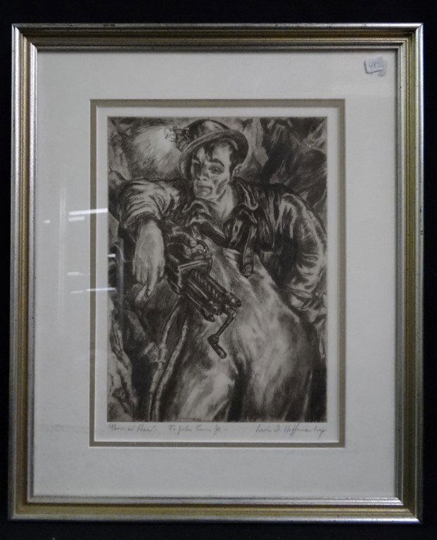 Irwin D. Hoffman; American etching signed: Etching on paper, Miner at Rest pencil signed, titled and dedicated; 12in. X 8.5in. With margins