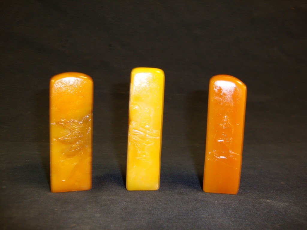 Three Soapstone Scholars Seals: 3" to 3 1/2"L.