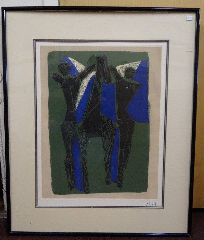 Marino Marini; 20th C. Italian lithograph signed: Lithograph, Horse and two(2) figures signed with initials and numbered XXVIII/2; 26.5in. X 20.5in. With margins(sight size)