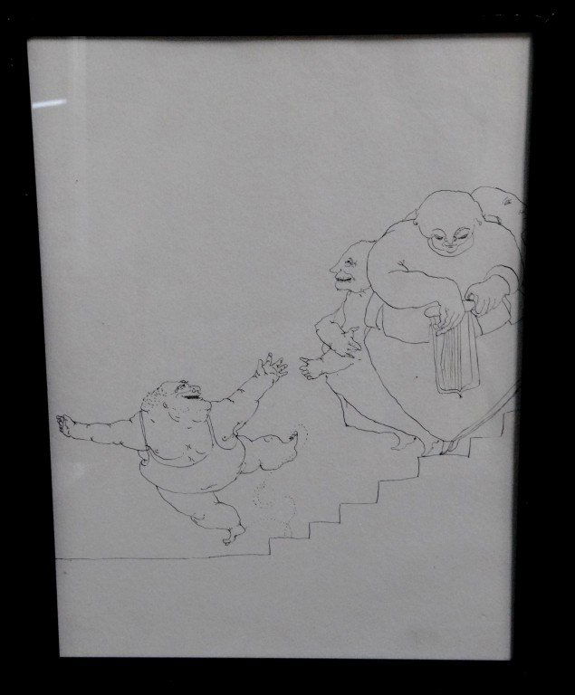 Maurice Sendak; Original ink drawing: Ink on paper, four(4) figures on steps unsigned; 16in. X 12in.