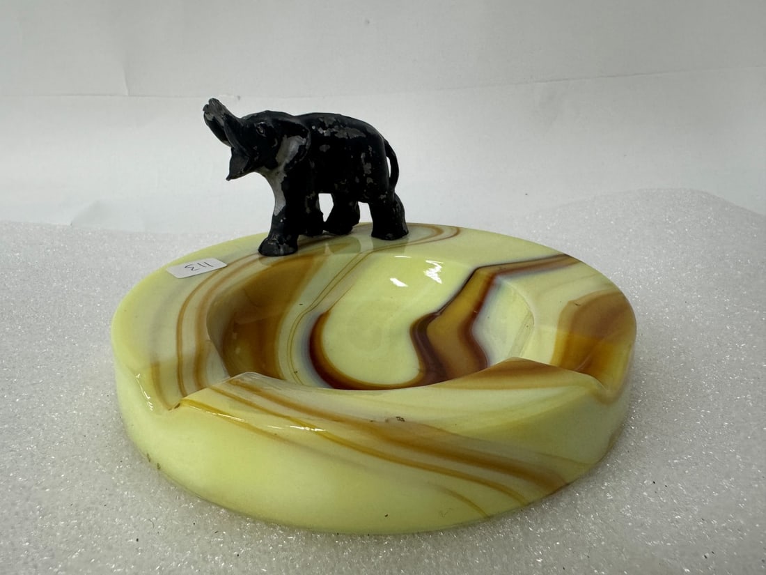 Antique Agate and Bronze Ashtray: With elephant 6"D
