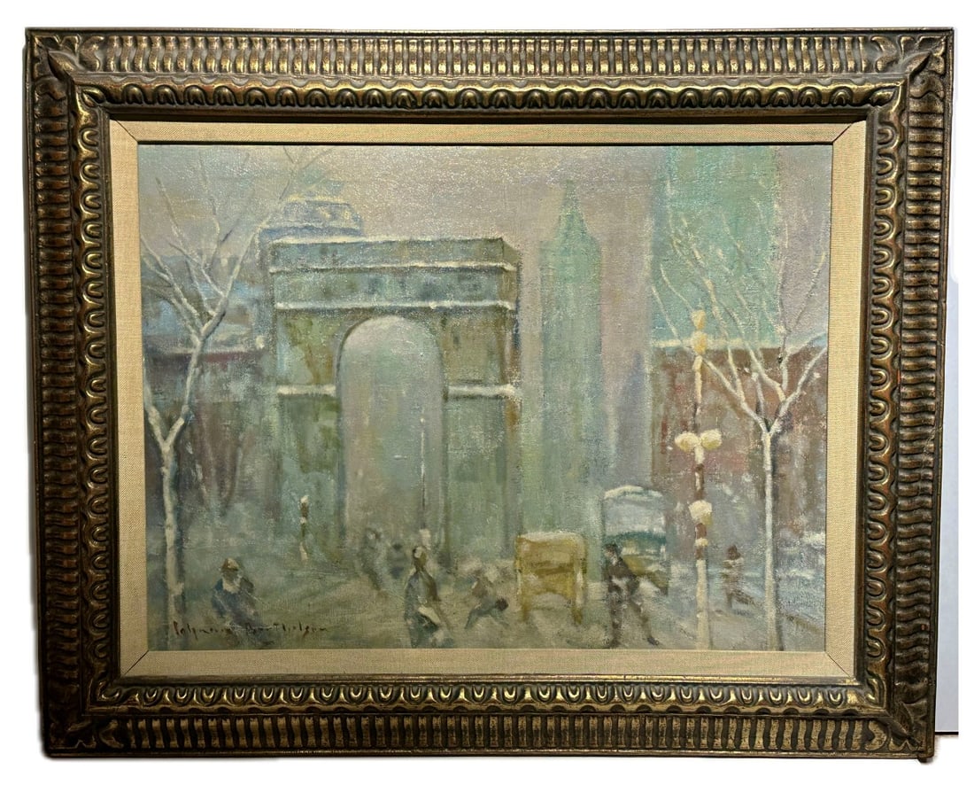 Johann Berthelsen(after); 20thC. American Oil Washington Square: Johann Berthelsen (1883 - 1972) oil on canvas. Washington Square in Winter. Bears signature l.l. and inscribed with title on reverse; 18in. X 24in.(image), 25in. X 31in.(framed)