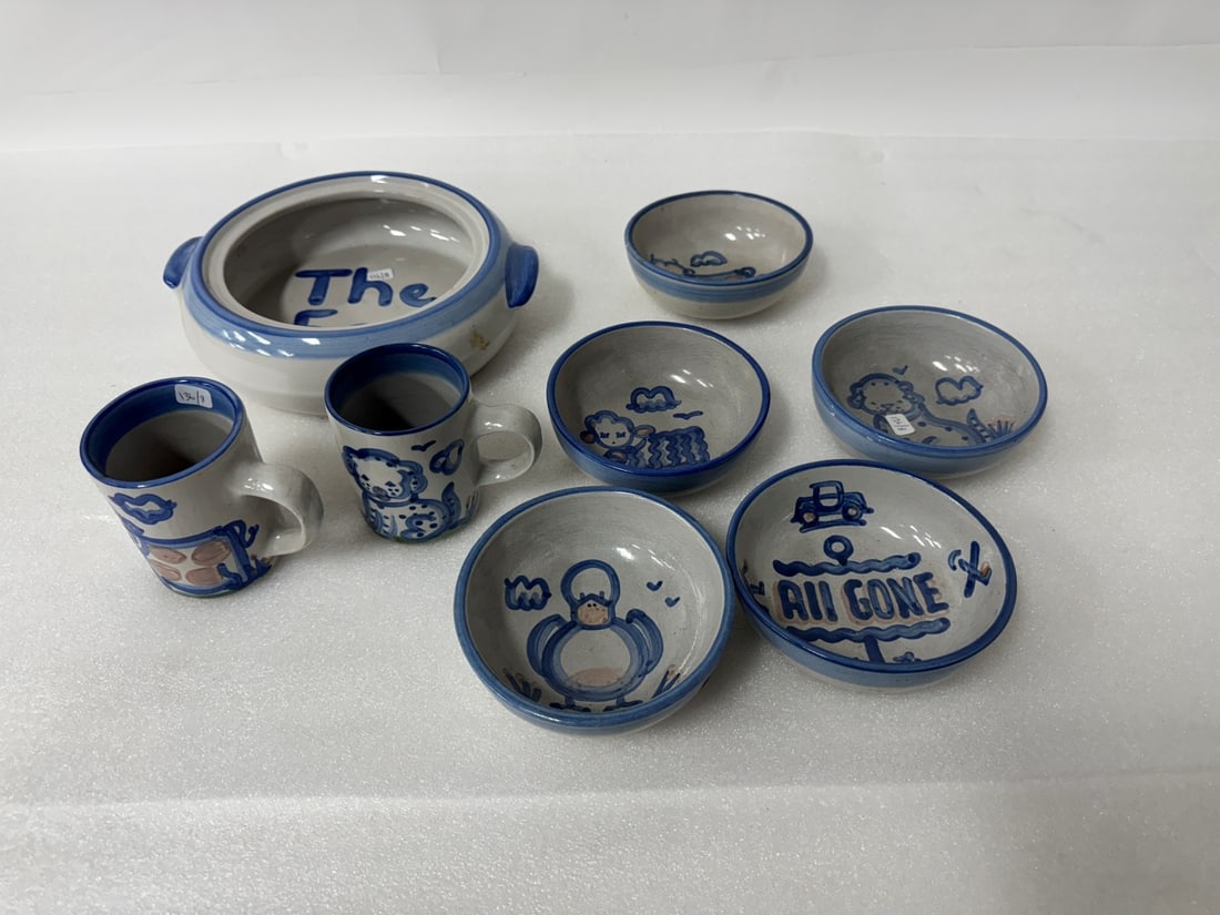 M. A, Hadley Bowls (5) Mugs (2) Etc. (8): In addition to mugs and bowls, a serving casserole is included (without a lid) . Eight pcs. in the lot