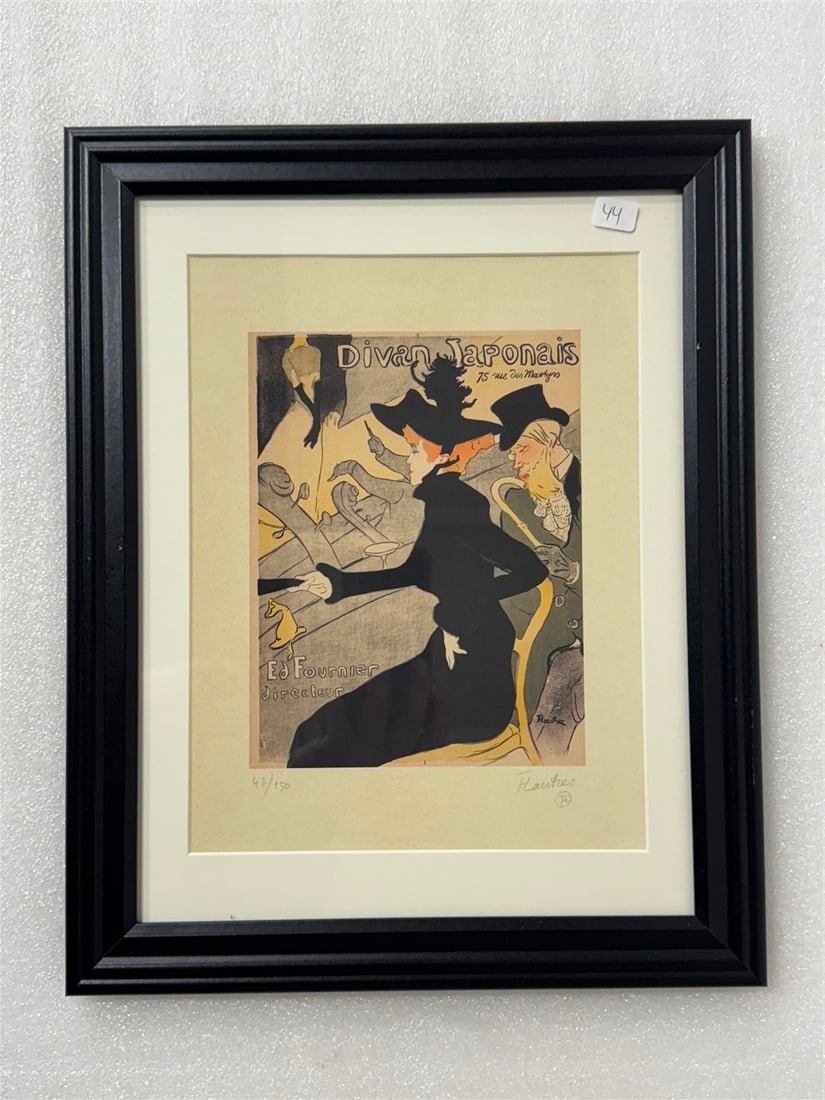 Touluse Lautrec Ltd. Ed. Lithograph: Numbered lower left 47/150. Signed T. Lautrec and with initials in circle beneath, all in pencil Gallery matted and framed. Divn Japanais Ed Fournier director. As pictured. Framed size is 12" x 12"