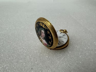 19th C. 18K Diamond Enameled Portrait Watch
