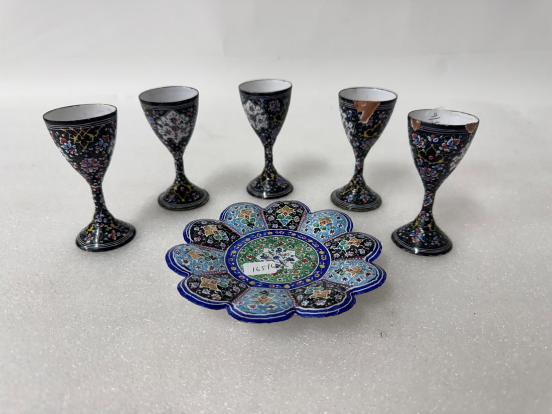 Cloisonne Goblets and a Dish (6): 3 1/2"H Goblets and 6 1/4"W plate