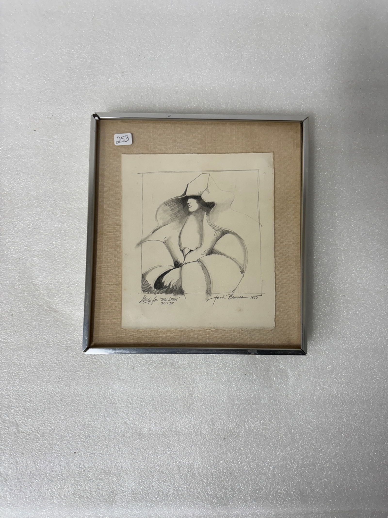 Jack Brusca Sgd. & Dated Graphite Drawing: Dated 1975 Titled The Lynn Gallery framed in chrome. 10"H x 9"W(overall)