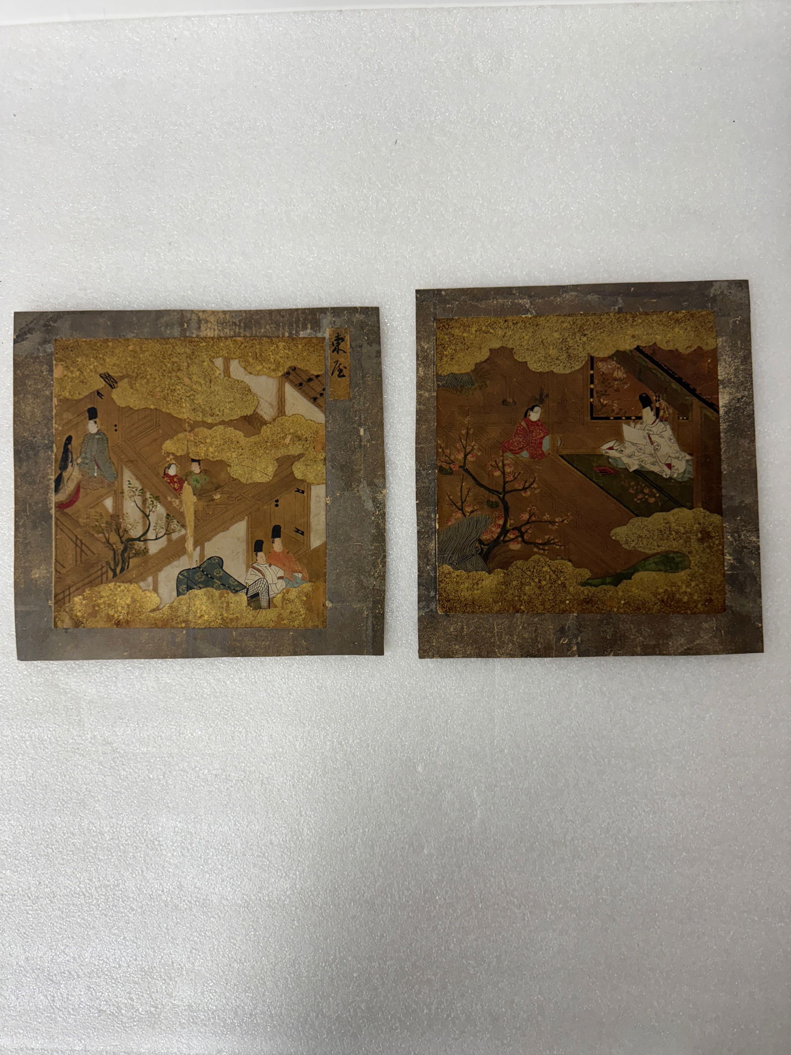 Pr. Pre-Edo Gilded Paintings on Silk: Seated Samurais Imperial Life Scene. Calligraphy upper rgt corner