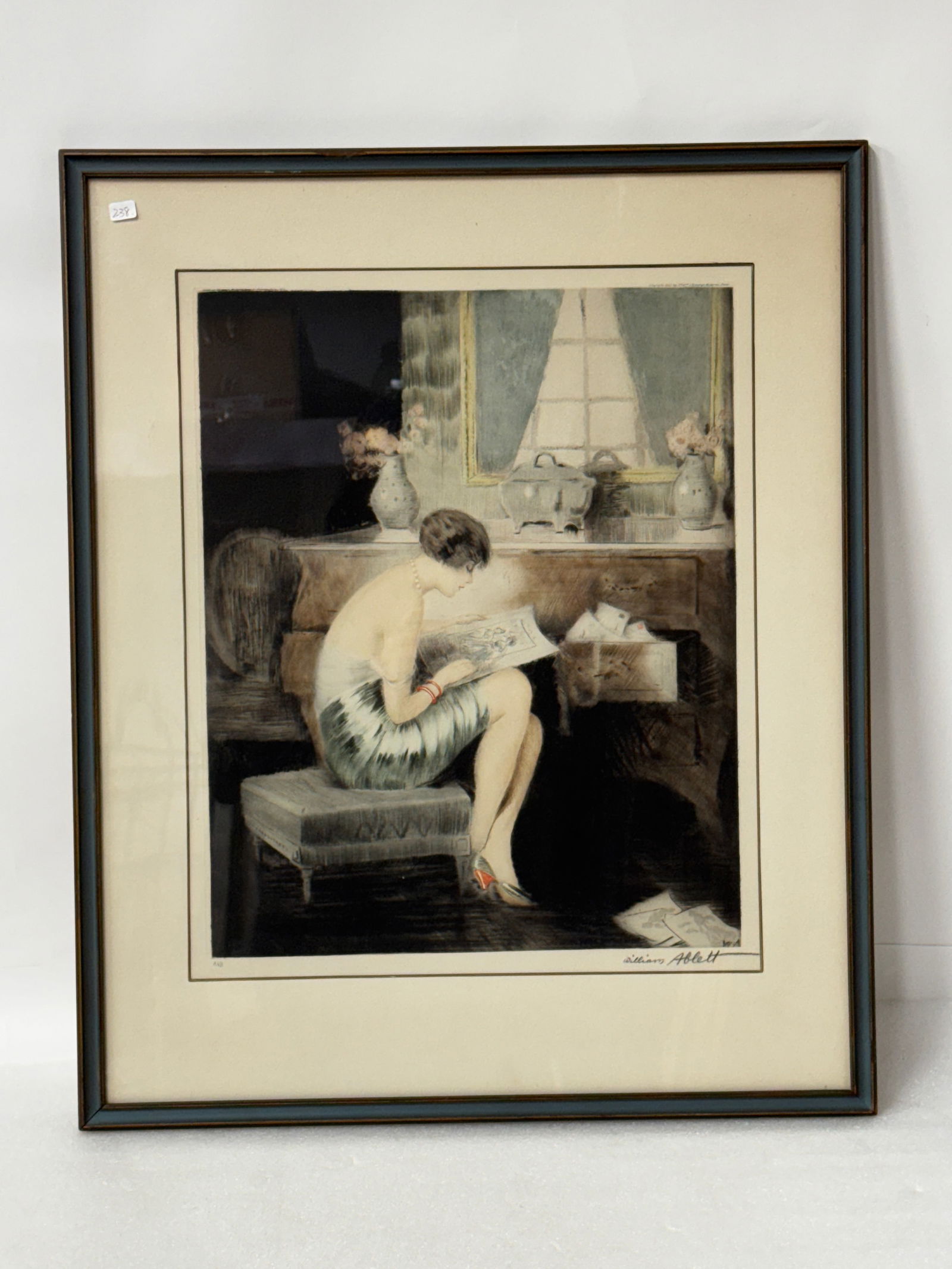 William Ablett. 20th C. Art Deco Etching Sgd,: William Ablett, (English) 1877-1939 dry point etching with hand coloring. Les Modes" D'Autrefois' Pencil sgd. Lower right. Numbered lower left 20.75" x 16.75 " (image) and 28" x 23" framed