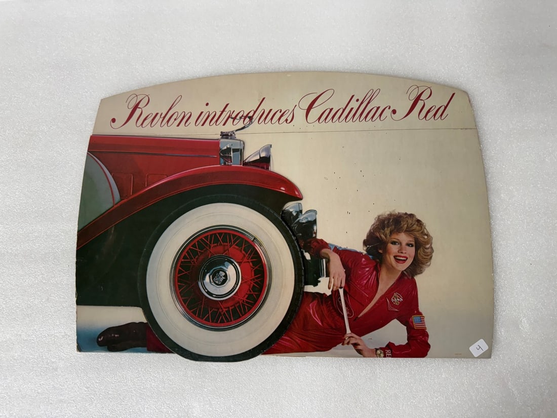 Cadillac Advertising Sign: Cardboard. Pulls Open 13.5"H by 19.5"W closed.