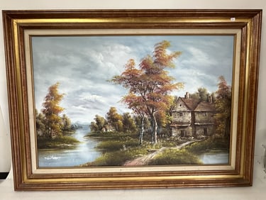 Oil on Canvas, Landscape with Stone Bldg. Sgd. L. L. Minteer