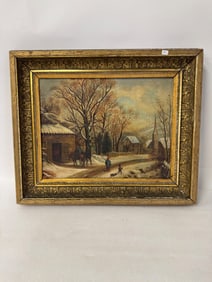Antique Oil on Canvas Winter Scene
