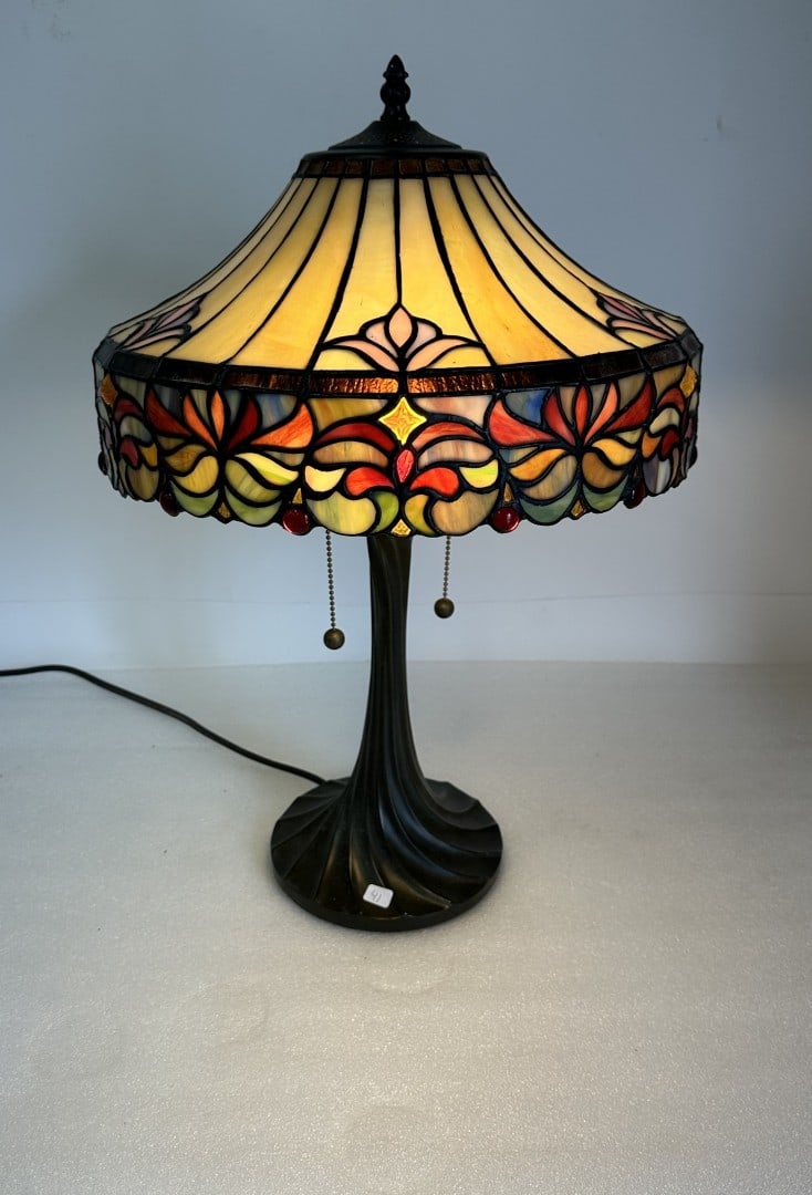 Fine Quality Leaded Glass Lamp w/Jewels: On an ornate antique base. Shade is14 1/4 " W and overall height is22 1/2 "(base)