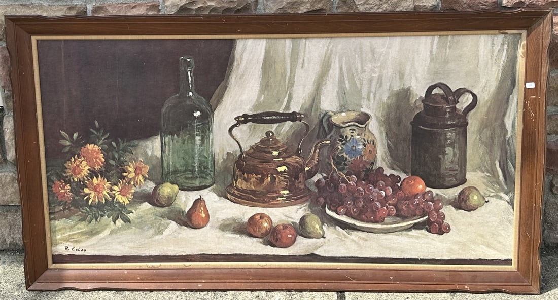 Rudolph Colao Still Life with Kettle: Framed print. Signed lower left "R. Colao". 28.25"H by 52.5"W.