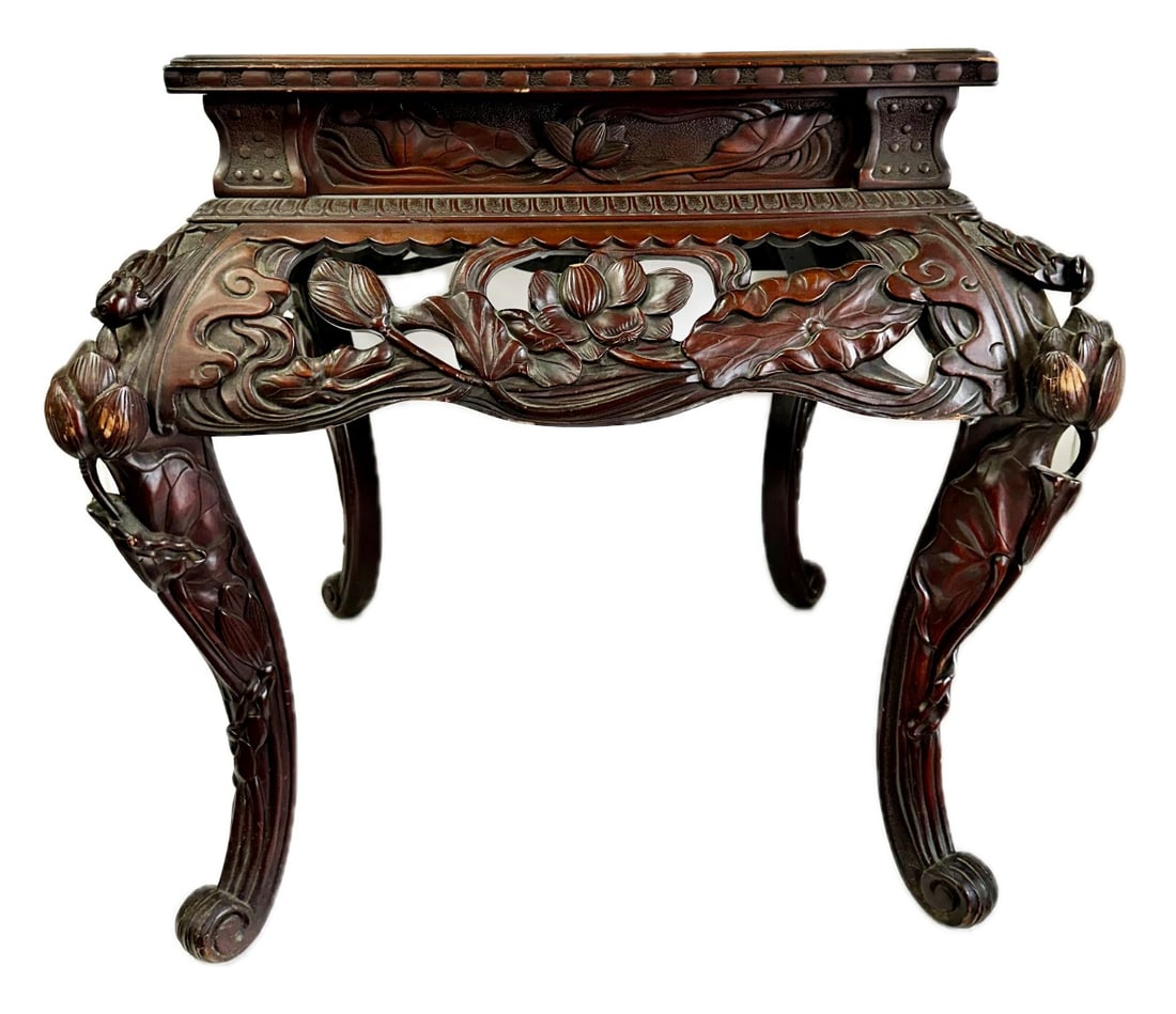 19th - Early 20thC. Japanese Heavily Carved Hardwood Table: Heavily carved hardwood table. Intricately carved floral, leaf and bird decoration; 29in.H. x 30in.W. x 23.5in.(top)