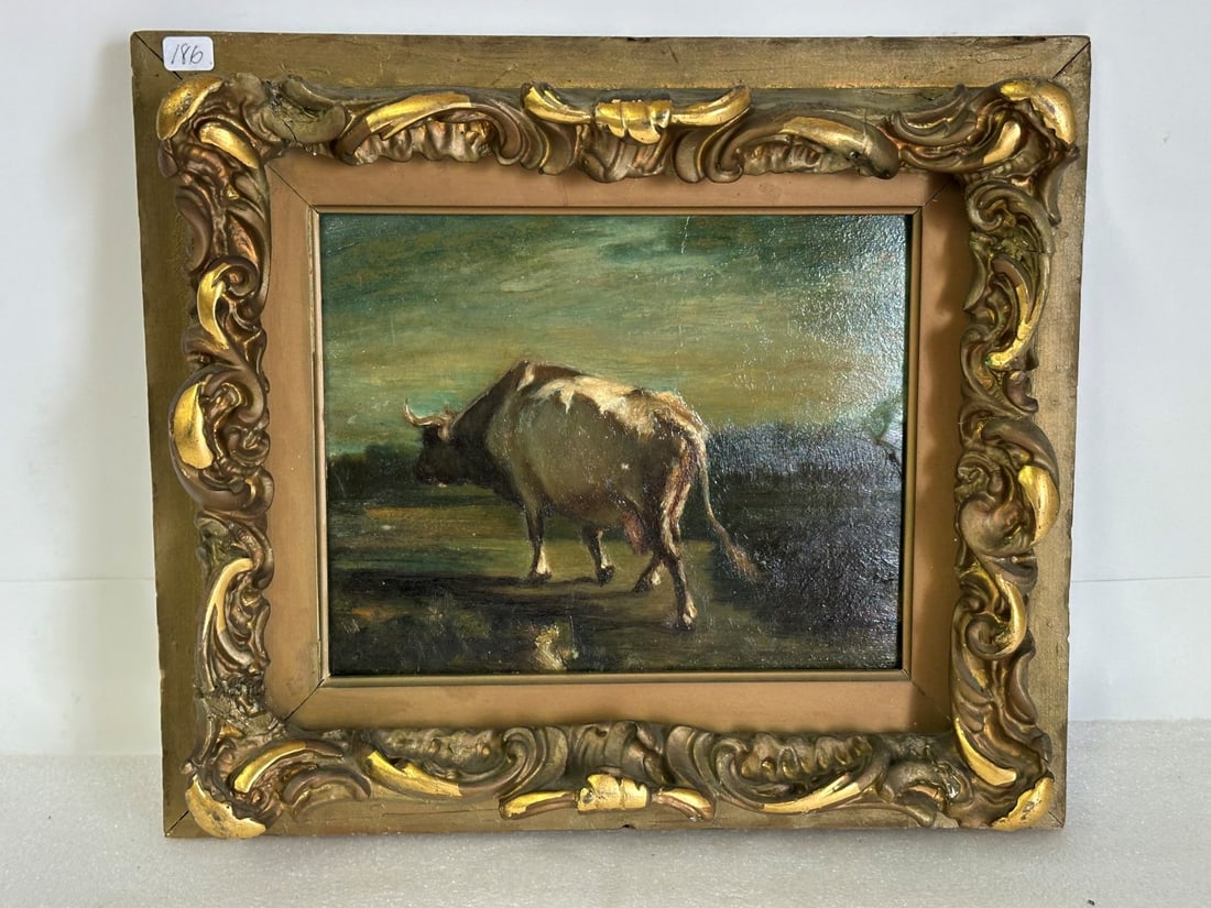 Constant Troyon (after) 19th C Oil: Pastoral scene with cow. Oil on board." Study of a White Cow". With label on reverse. 8 x 10 (sight size) and 13" x x 15"(overal)
