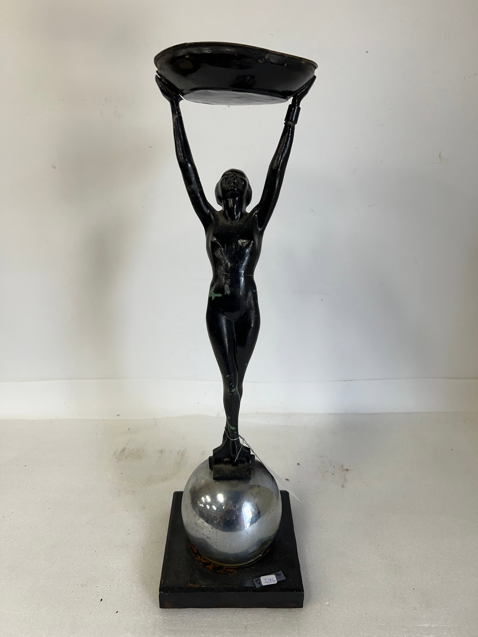Art Deco Figural Tray on a Chrome Mtd Ball Base.: 24 1/2" H 7" square base