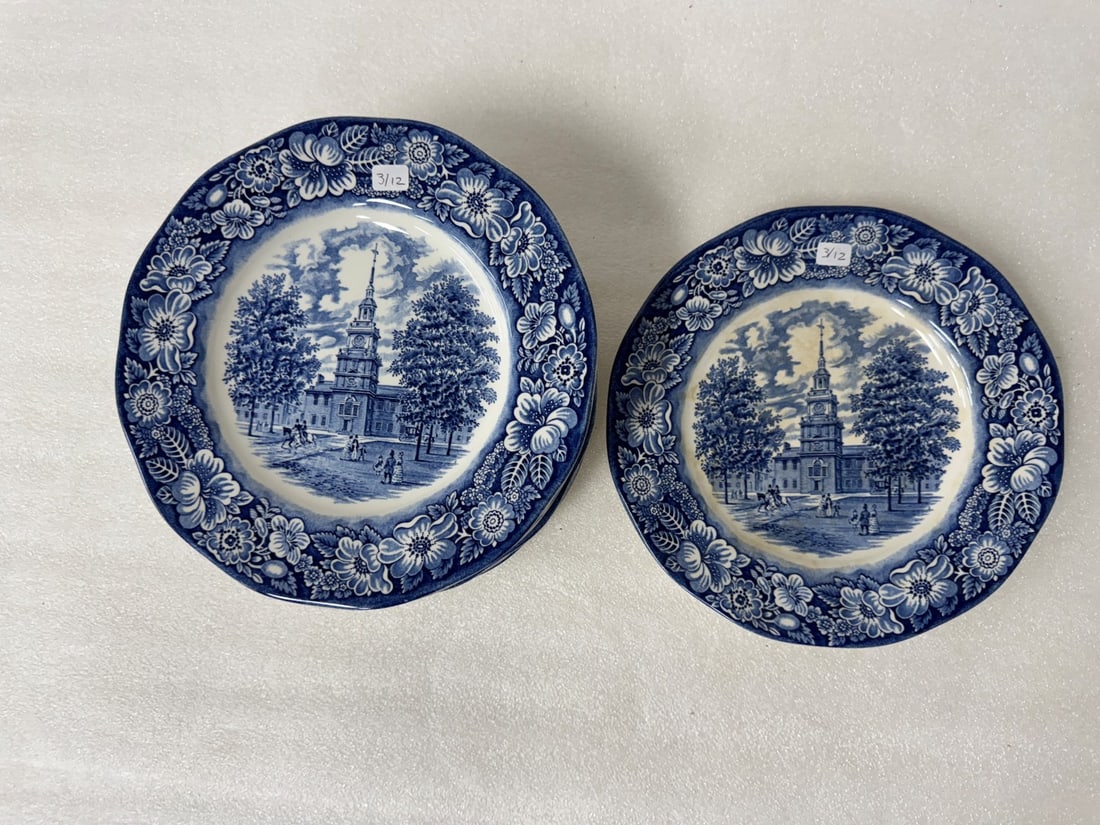 Liberty Bell Historic Plates (12): Independence Hall All English Staffordshire and all blue and white 9 3/4"W