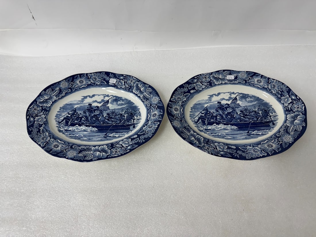 Liberty Blue Platters English (2): Washington Crossing the Delaware. Extensive markings at the reverse. Original copper engravings of historical colonial scenes painted on blue Staffordshire. 14"W