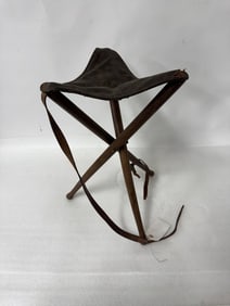 MCM Tripod Teak Leather Folding Foot Stool Ottoman 24 1/2''