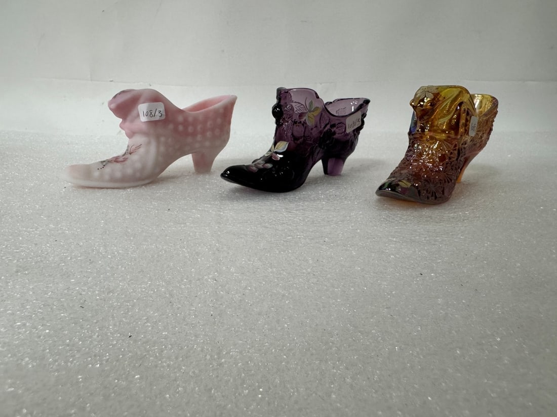 Fenton Art Glass Shoes (3): Amber color, pink and amethyst. 6"L and 3"H