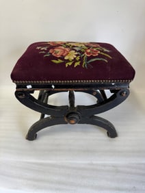 Antique Adjustable Piano Bench Ebony Finish Hand Embroidered Seat