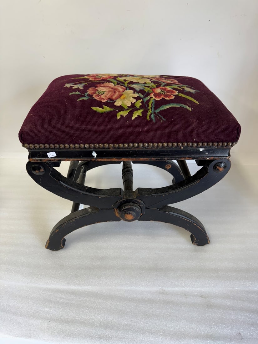 Antique Adjustable Piano Bench Ebony Finish Hand Embroidered Seat (1 of 3)