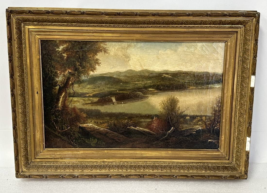 19thC. American School; Oil - Morning on the Hudson: Oil on canvas. Signed lower right indiscernibly. Good quality. Framed Gould framing sticker at the backside 15 1/2"H x 22"W