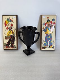Collector's Lot Black Art Glass Vase & Clown Wall Plaques (2)