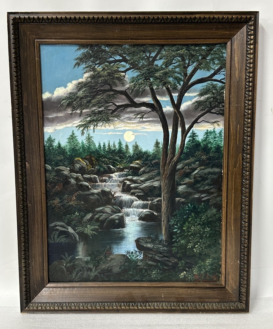 Kristina Nemethy Oil on Board Sgd: Oil on Canvas Moonlit Creek Scene, Flowing Amount Rocks, Signed L. R. 29" x 23"