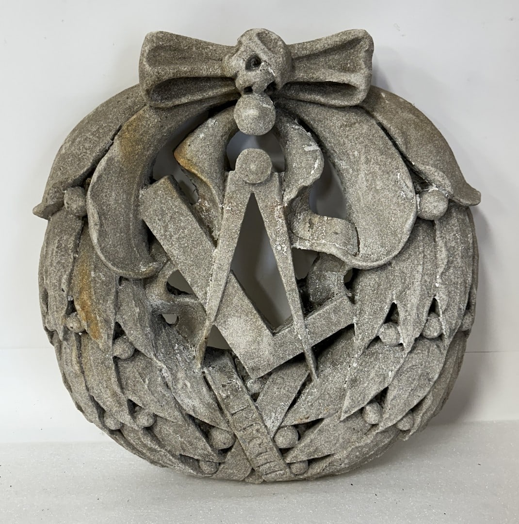 Antique Concrete Garden Wreath: Early , wreath sculpture, as pictured. Perhaps Masonic; 16"D.