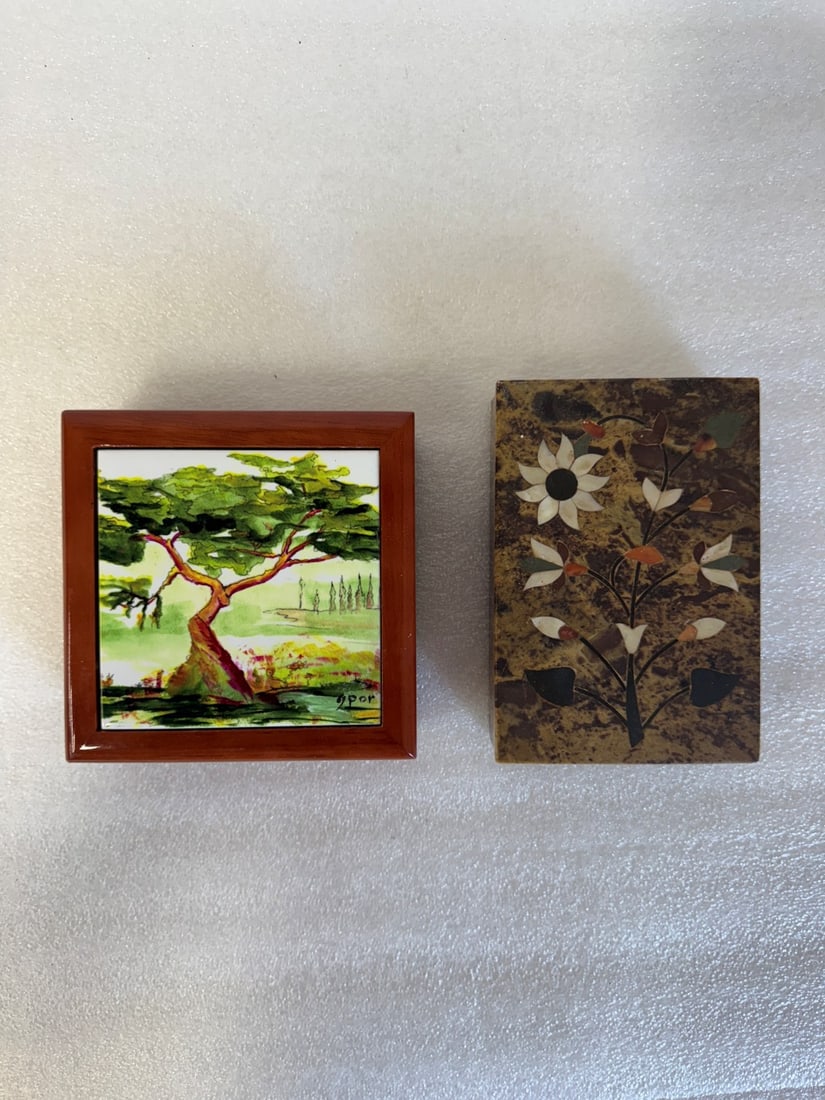 Stone Inlaid Jewelry Box & a Second: As pictured. Floral decorations The second with a hand painted tile, landscape with tree that fits into top of the mahogany box.