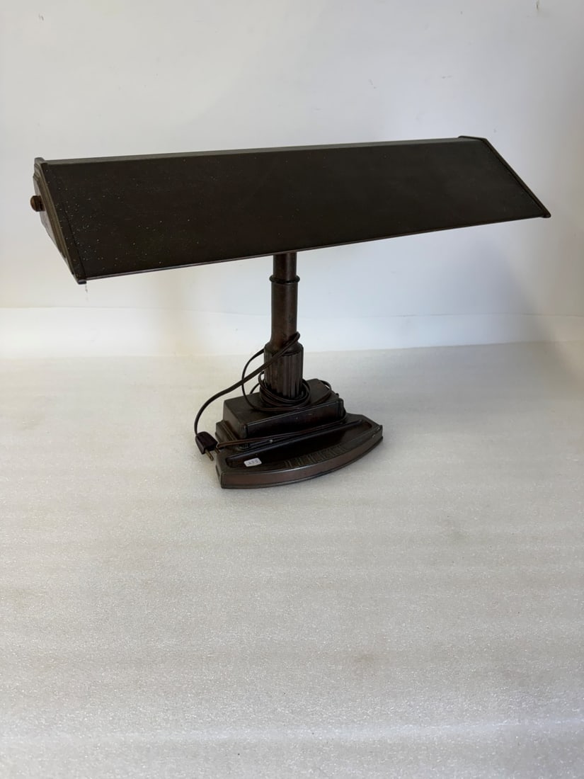 Art Deco Metal Desk Lamp: With pen tray recession at front. 15"H 17"W Copper and Metal.