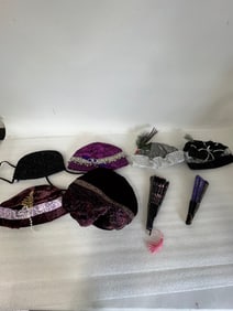 Vintage Costume Hats(4) Beret, Beaded Bag, Fans (2)