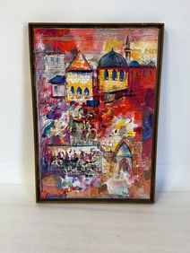 Mixed Media Painting. Judaic Buildings.