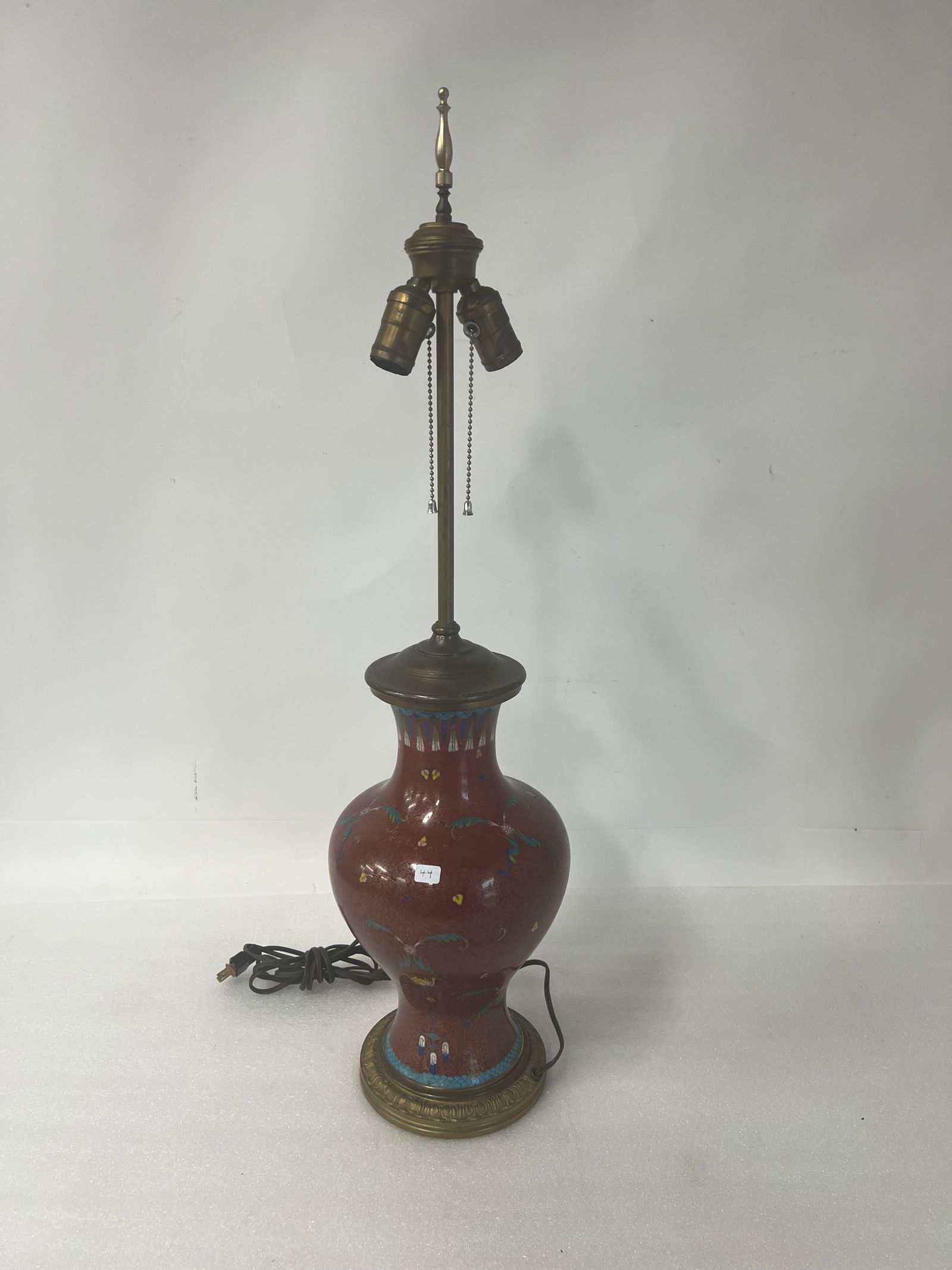 Antique Cloisonne Lamp Base: Resting in a bronze circular ring. 16 1/4" (vase) 31 1/4" overall height.