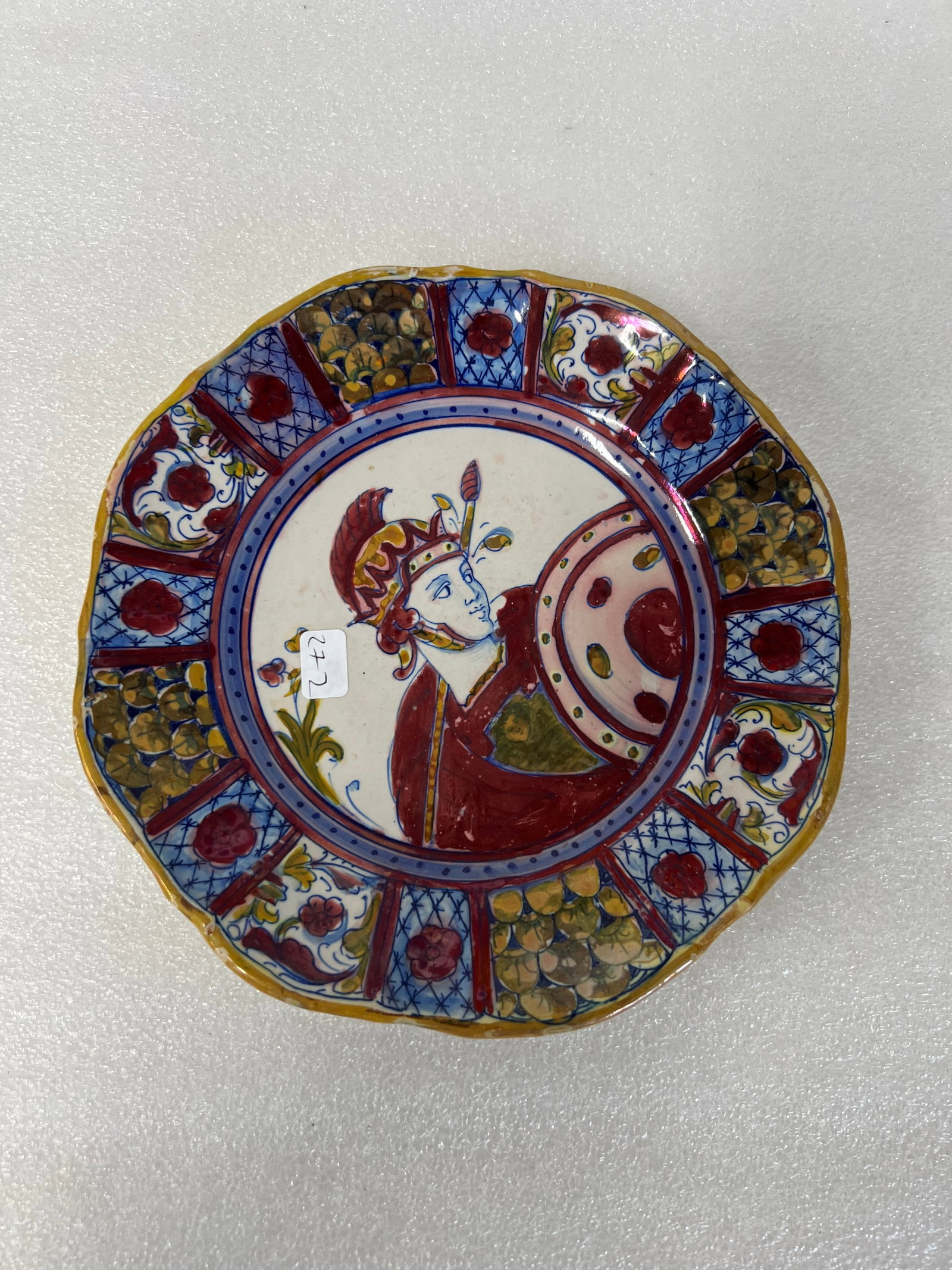 Antique Hand Painted European Plate: Cavalier with Shield Depiction 8"D Without markings