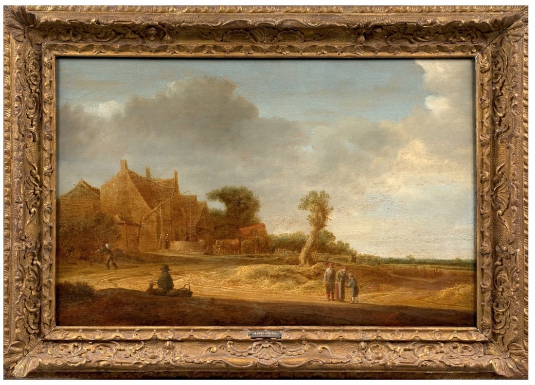 Salomon Van Ruysdael Old Master Dutch Painting: C.1602-1670. Painted around 1640.Landscape with pheasants. Oil on panel parqueted panel 44.0 cm.x 68.0 cm 17'3 x 26.8 in. Framed 61.0 x 85.0 cm. 24 ,0 x 33.4 inches, a 17th C. hand carved and gilded D