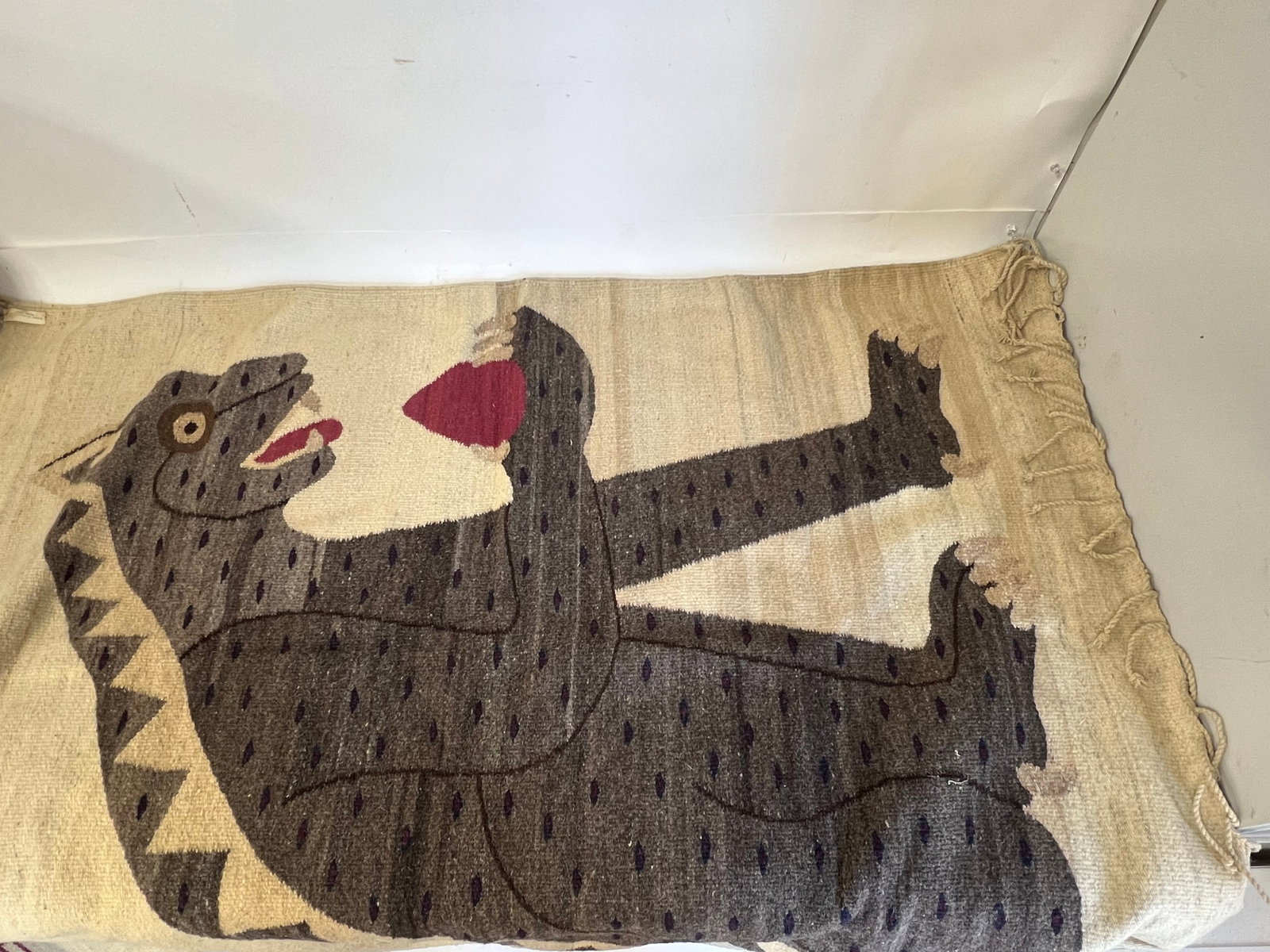 Mexican 100 % Wool Hand Woven Rug: With label 100% Wool Hand Woven in Mexico 53 1/2"H x 38"W