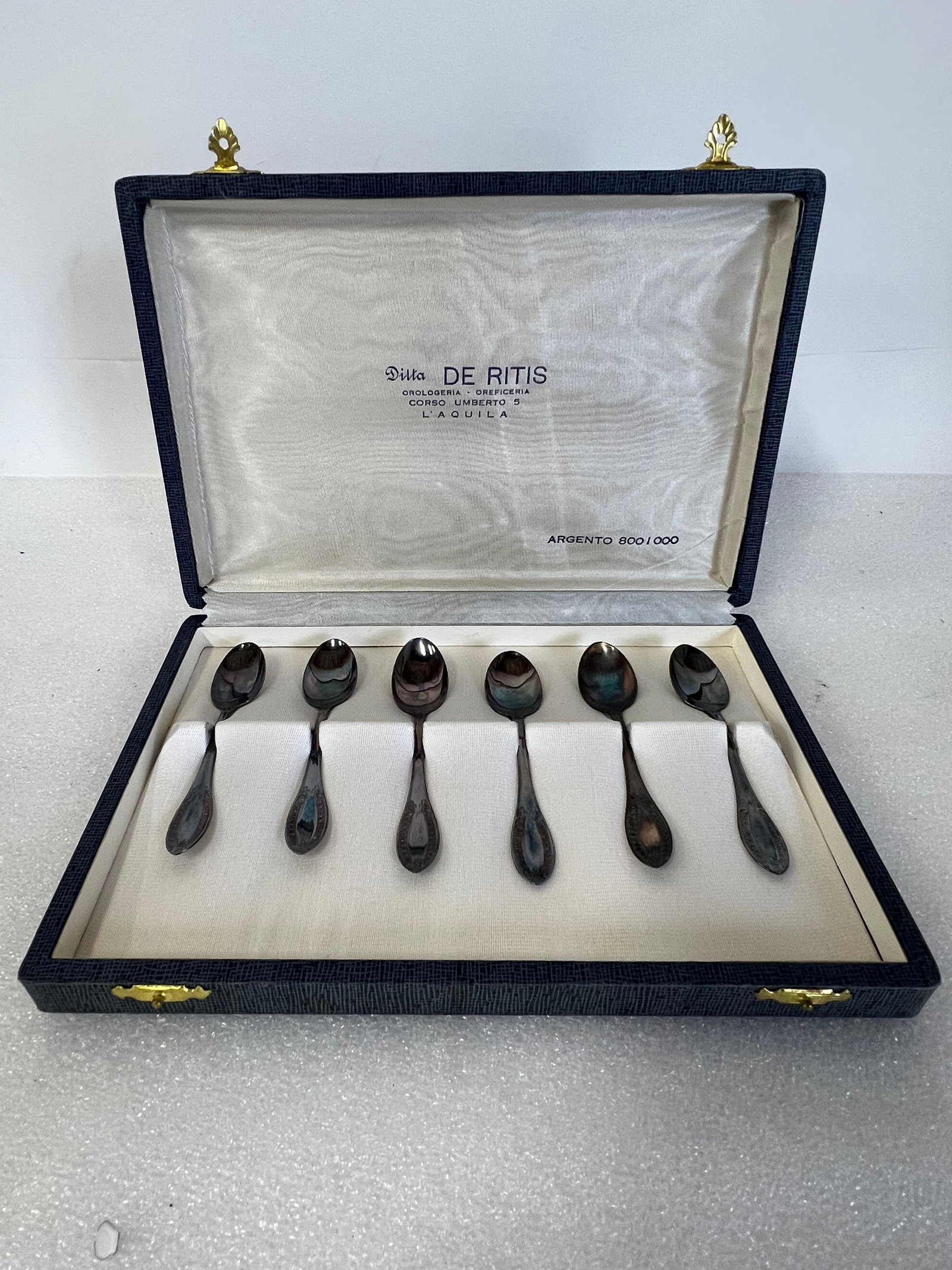 Argentinian 800 Silver Demi-Tasse Spoons (6): Ditta De Ritis . In original box as pictured. All 800 silver. Marked at the back 800
